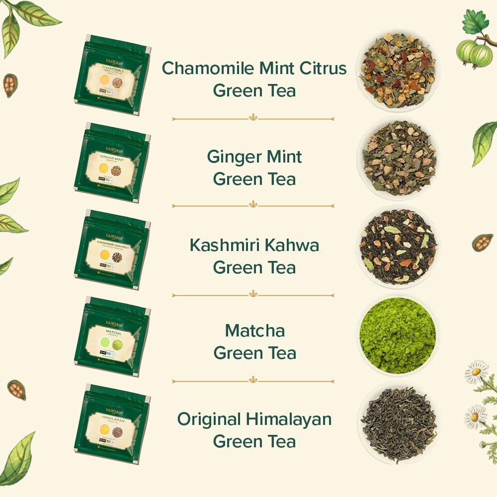 VAHDAM Assorted Green Tea Loose Leaf Tea Gift Set (10 Flavors) | Loose Leaf Green Tea Collection | Includes Himalayan Green Tea Varieties | Packed in Resealable Ziplock Pouches