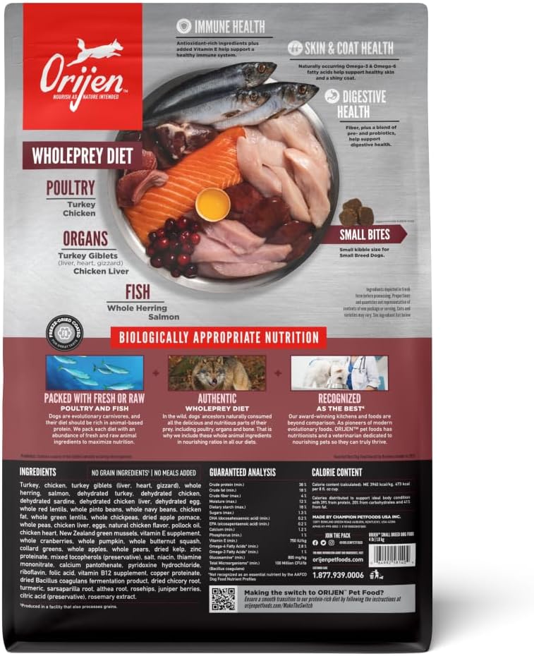 ORIJEN Grain Free WHOLEPREY Dry Dog Food Small Breed Recipe 10lb Bag