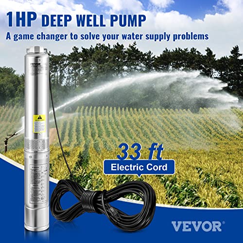 VEVOR Deep Well Submersible Pump, 1HP 115V/60Hz, 37gpm Flow 207ft Head, with 33ft Electric Cord, 4" Stainless Steel Water Pump for Industrial