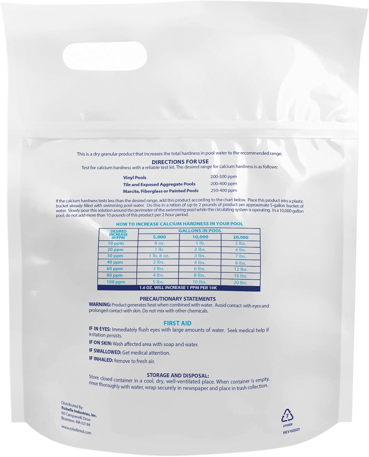 Robelle 16-Pounds Premium Pool Calcium Up | Pool Calcium Hardness Increaser, 100% Calcium Chloride, 8 ounces raises calcium hardness level 10 ppm per 5,000 gallons
