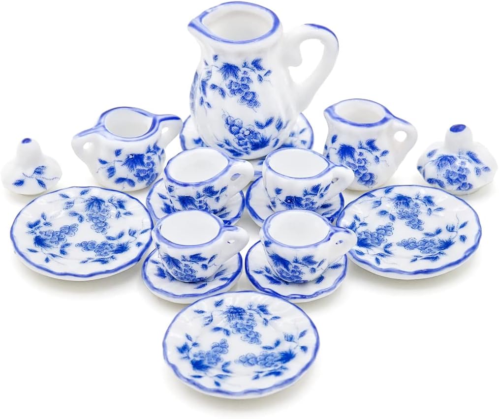 Odoria 1/12 Miniature Porcelain Tea Set 15Pcs Dollhouse Decoration Accessories, Grapes