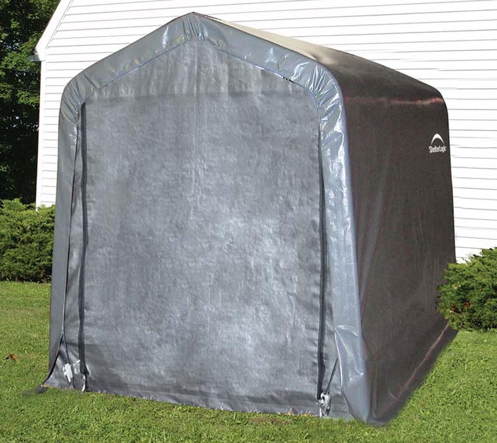 ShelterLogic 10' x 10' Shed-in-a-Box All Season Steel Metal Round Roof Outdoor Storage Shed with Waterproof Cover and Heavy Duty Reusable Auger Anchors, grey
