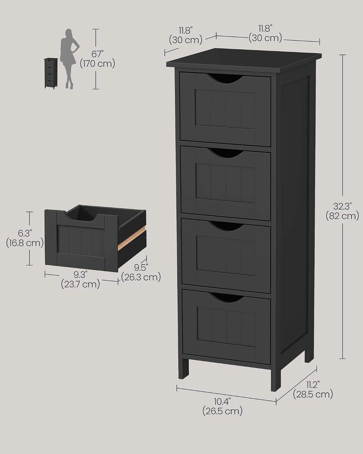 VASAGLE Floor Storage Cabinet, Freestanding Storage Organizer with 4 Drawers, 11.8 x 11.8 x 32.3 Inches, for Living Room, Bathroom, Dining Room, Kitchen, Modern Style, Cloud White ULHC040WH01S