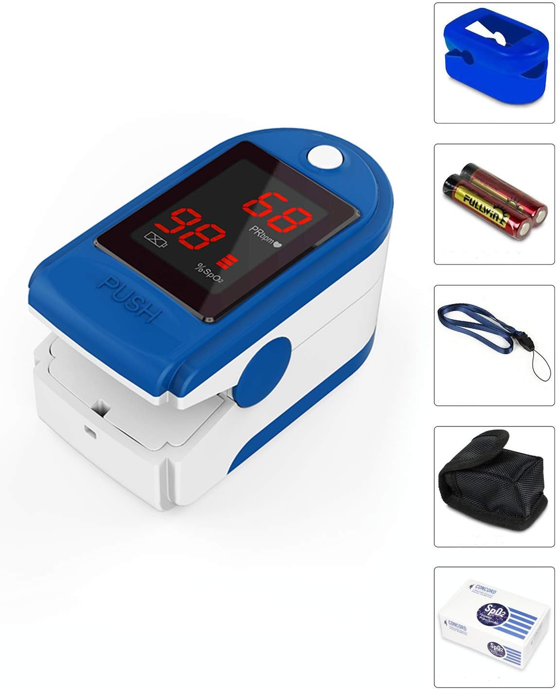Concord Basics Fingertip Pulse Oximeter - Blood Oxygen Saturation Monitor with Carrying Case, Batteries, Silicone Cover & Lanyard - Easy to Use