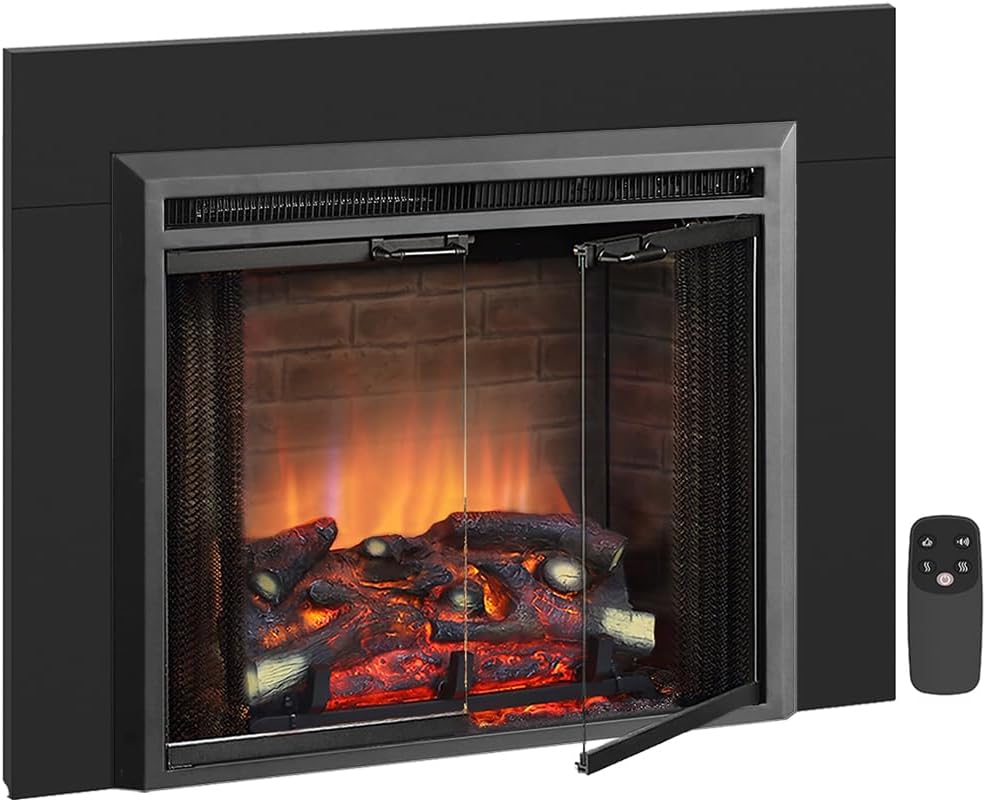 PuraFlame Klaus Electric Fireplace Insert with Fire Crackling Sound, Glass Door and Mesh Screen, 750/1500W, Black, 29 15/16 Inches Wide