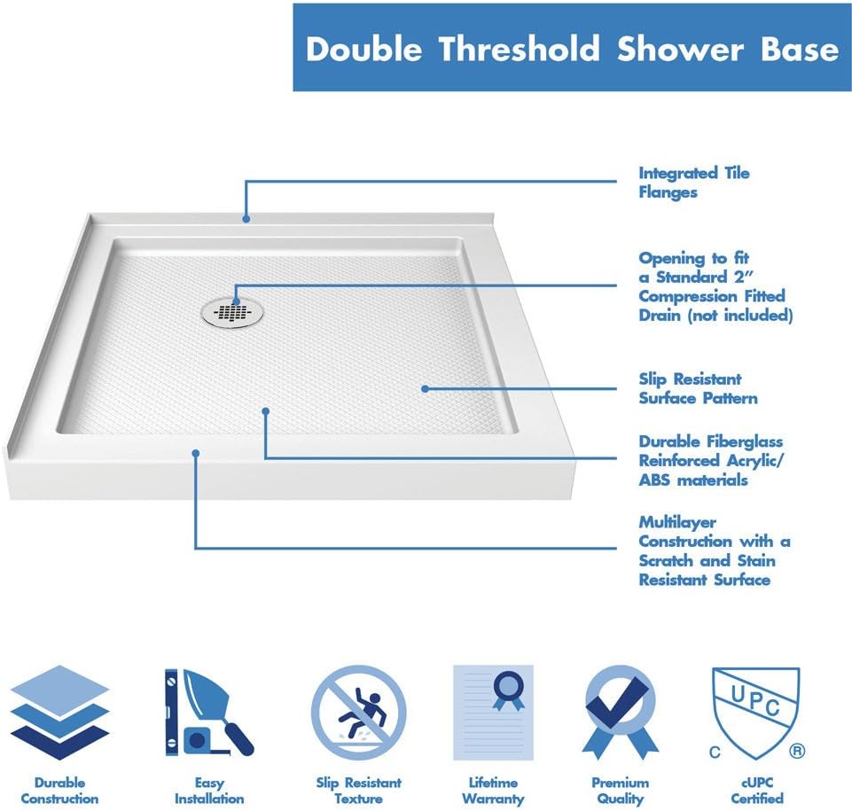 DreamLine SlimLine 34 in. D x 48 in. W x 2 3/4 in. H Right Drain Double Threshold Shower Base in White, DLT-1034482