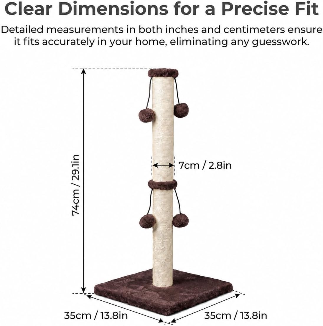 Dimaka 29'' Cat Scratching Post, Natural Sisal Rope Scratcher Post, Kitten Claw Scratch with 4 DanglingToy Balls for Large Cats (Grey)