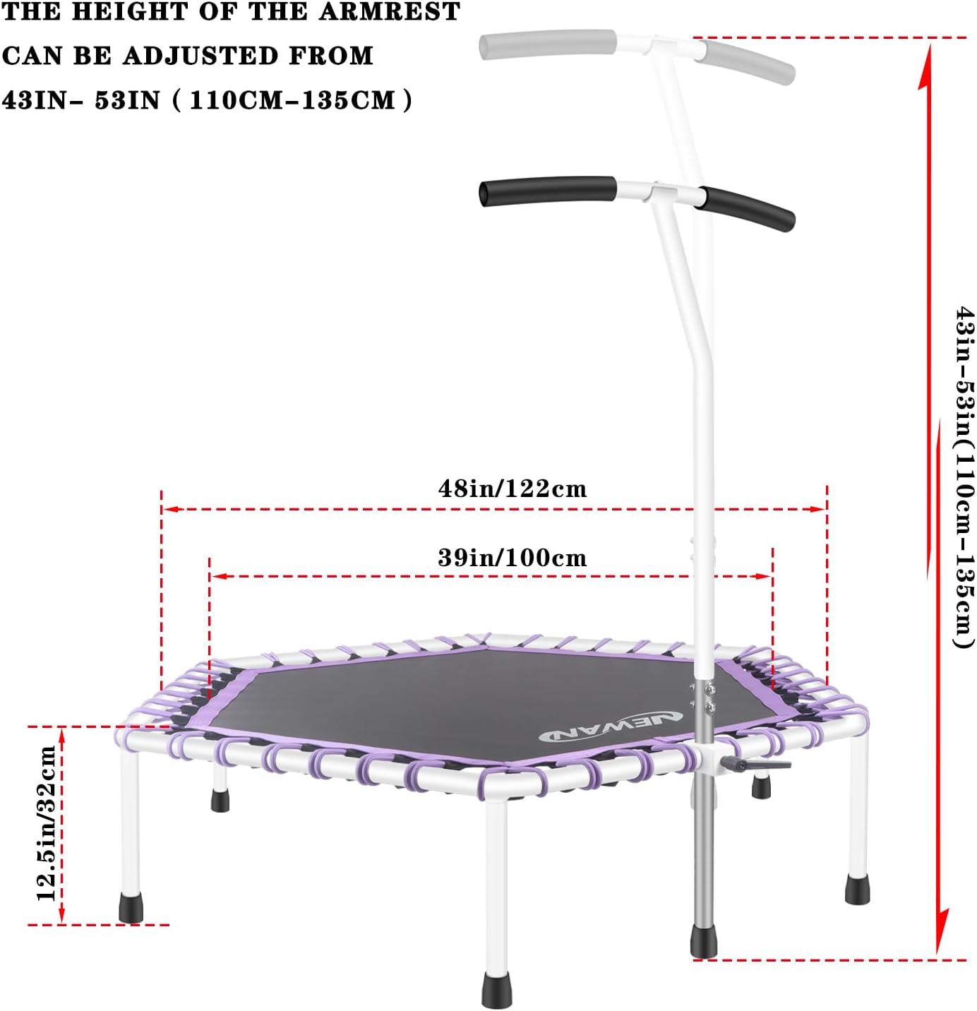 Newan 48'' Fitness Trampoline with Adjustable Handle Bar, Silent Trampoline Bungee Rebounder Jumping Cardio Trainer Workout for Adults - Max Limit 330 lbs