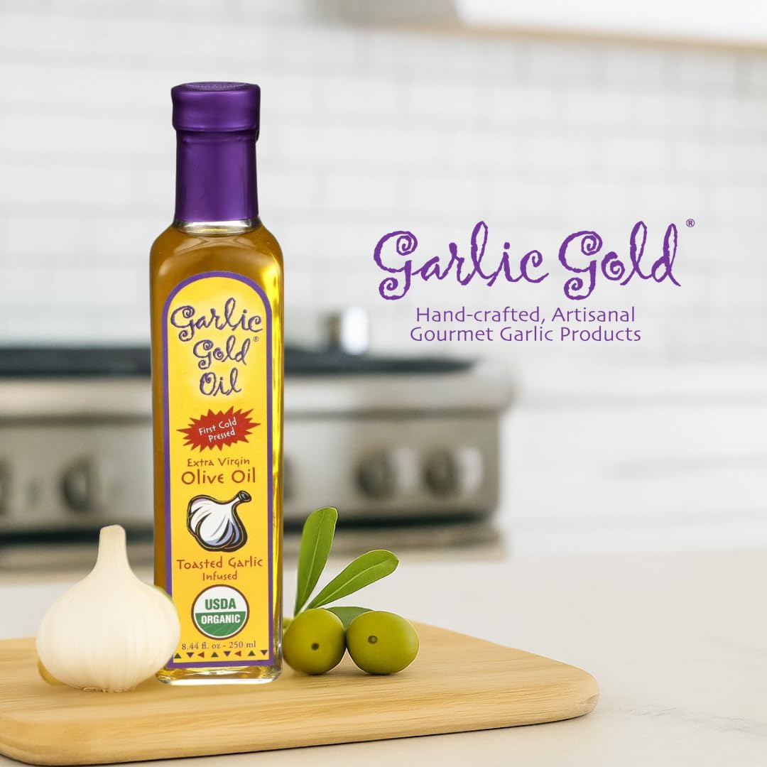 Garlic Gold Extra Virgin Olive Oil Infused with Garlic, Premium Certified USDA Organic, Low FODMAP, Cold Pressed (250 mL, 6 Pack) | 8.44 Fl Oz - 250 ml (6 Pack), First Cold Pressed, Hand Crafted, Artisanal, USDA Organic, Low FODMAP, Gluten Free