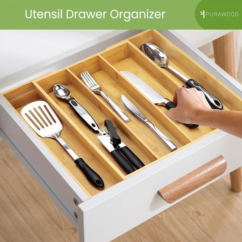 Purawood Kitchen Drawer Organizer - Expandable Utensil Drawer Organizer for Kitchen, Cutlery Tray & Silverware Organizer