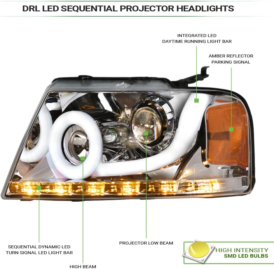 Sequential LED Halo Strip Tube Bar Chrome Housing Projector Headlights Signal Lamps Amber nb + Glossy Black RVT Rivet Bolt Steel Mesh Front Hood