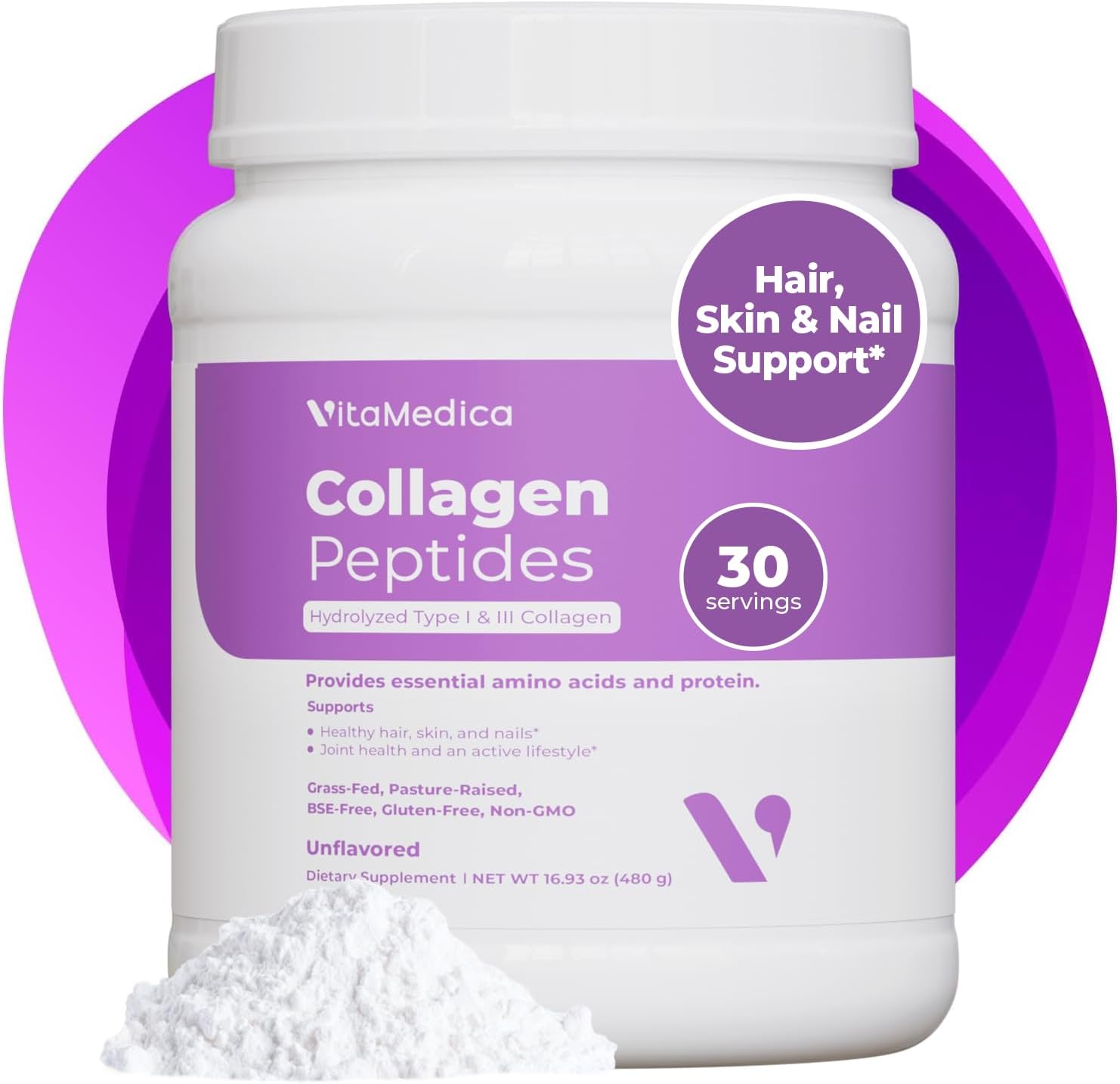 VitaMedica Collagen Peptides Powder, Hydrolyzed Types I & III, 30 Servings