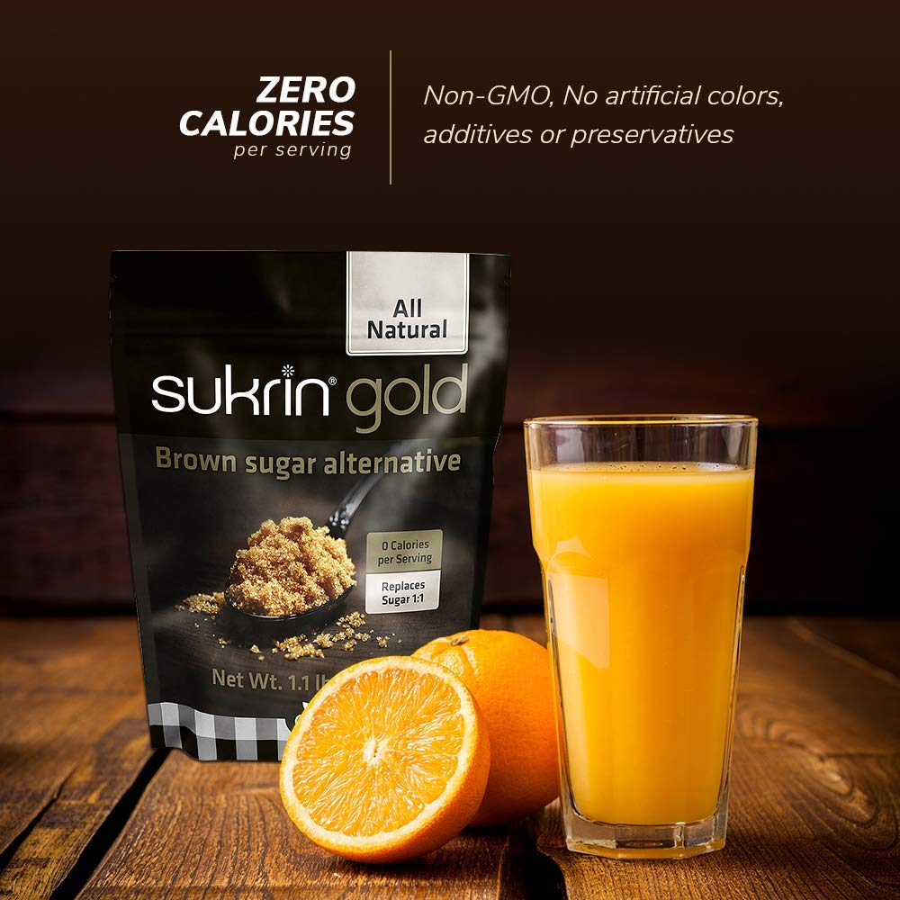 SUKRIN GOLD 100% Natural Sugar Free Brown Sugar Substitute with Erythritol & Stevia Brown Sugar Zero Calorie Sweetener, Granulated Gluten Free Non-GMO Kosher Blood Sugar Vegan Keto Friendly, 1.1LB Bag