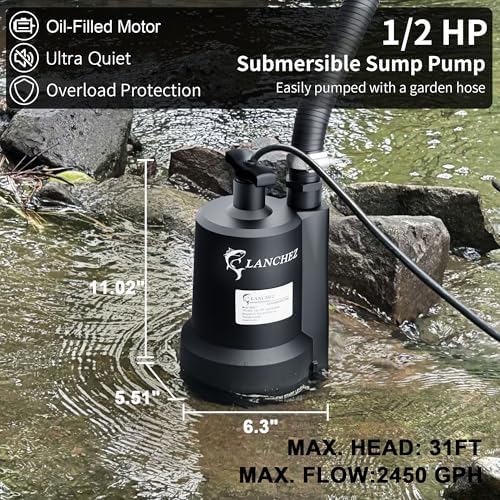 Lanchez Sump Pump, 1/2 HP 2450GPH Submersible Water Pump