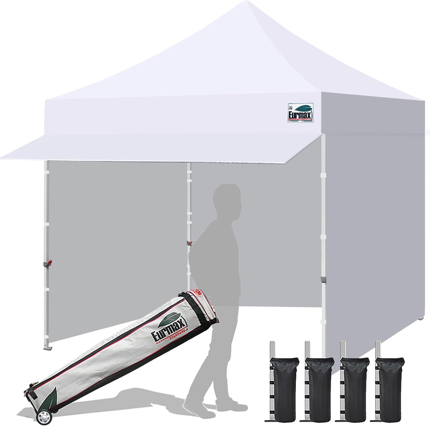 Eurmax USA 10x10 Pop Up Canopy,Commercial Tent with Patented No-Tip Rolling Bag,30sqft Extension Awning & 4 Zippered Removable Walls,UV & Water Resistant,Heavy Duty Instant Shelter Gazebo,White