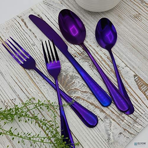 Elyon 20-Piece Reflective Holographic Purple Flatware Set, Reflective Mirror Finish Cutlery Set, Silverware Set, Stainless Steel, Service For 4