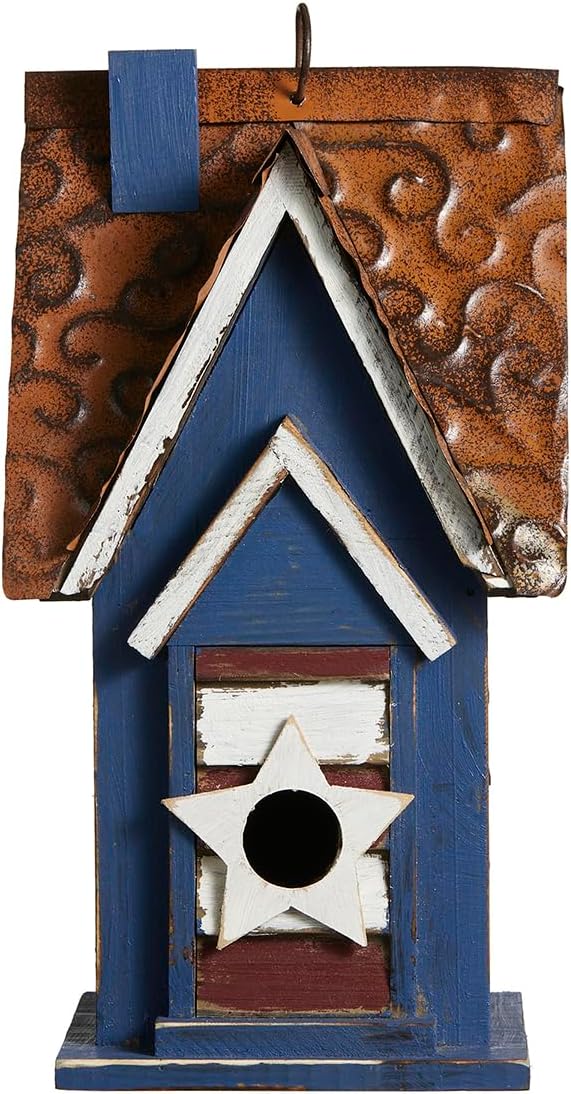 Glitzhome 12" H Green Hanging Distressed Solid Wood Garden Bird House Decorative Birdhouse