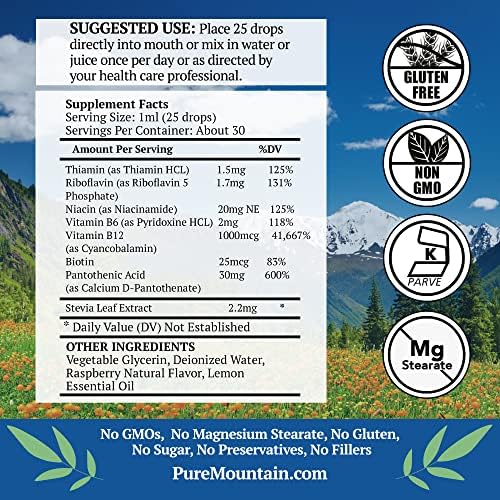 Pure Mountain Botanicals Liquid Vitamin B Complex - B12 B6 Drops - Raspberry Flavor - Kosher Non-GMO - 30 Servings