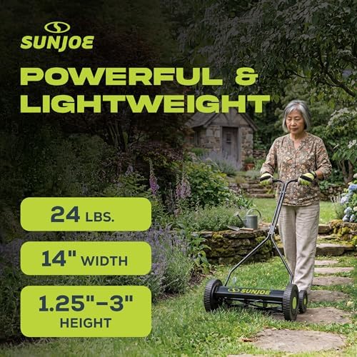 Sun Joe Manual Push Reel Lawn Mower with 6.6-Gal Grass Catcher, 16-Inch Cutting Width - Heavy-Duty Yard Trimmer Machine for Gardening Care and Maintenance, MJ500M