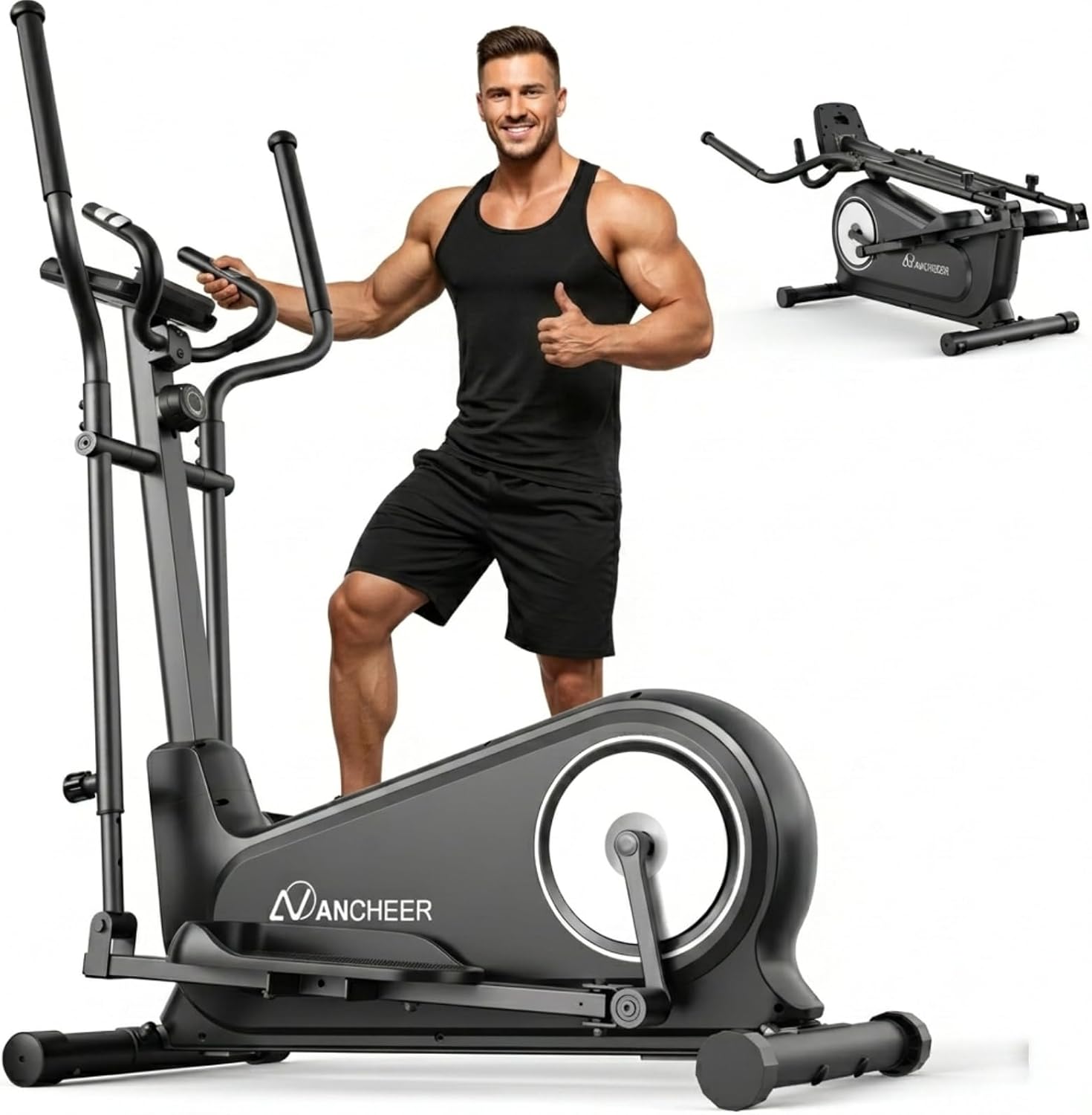 ANCHEER Elliptical Exercise Machine for Home, Foldable Magnetic Elliptical Trainer with 16" Stride, 16 Resistance Levels, Adjustable Pedals, LCD Monitor & Pulse Sensor, 550 LBS Weight Capacity
