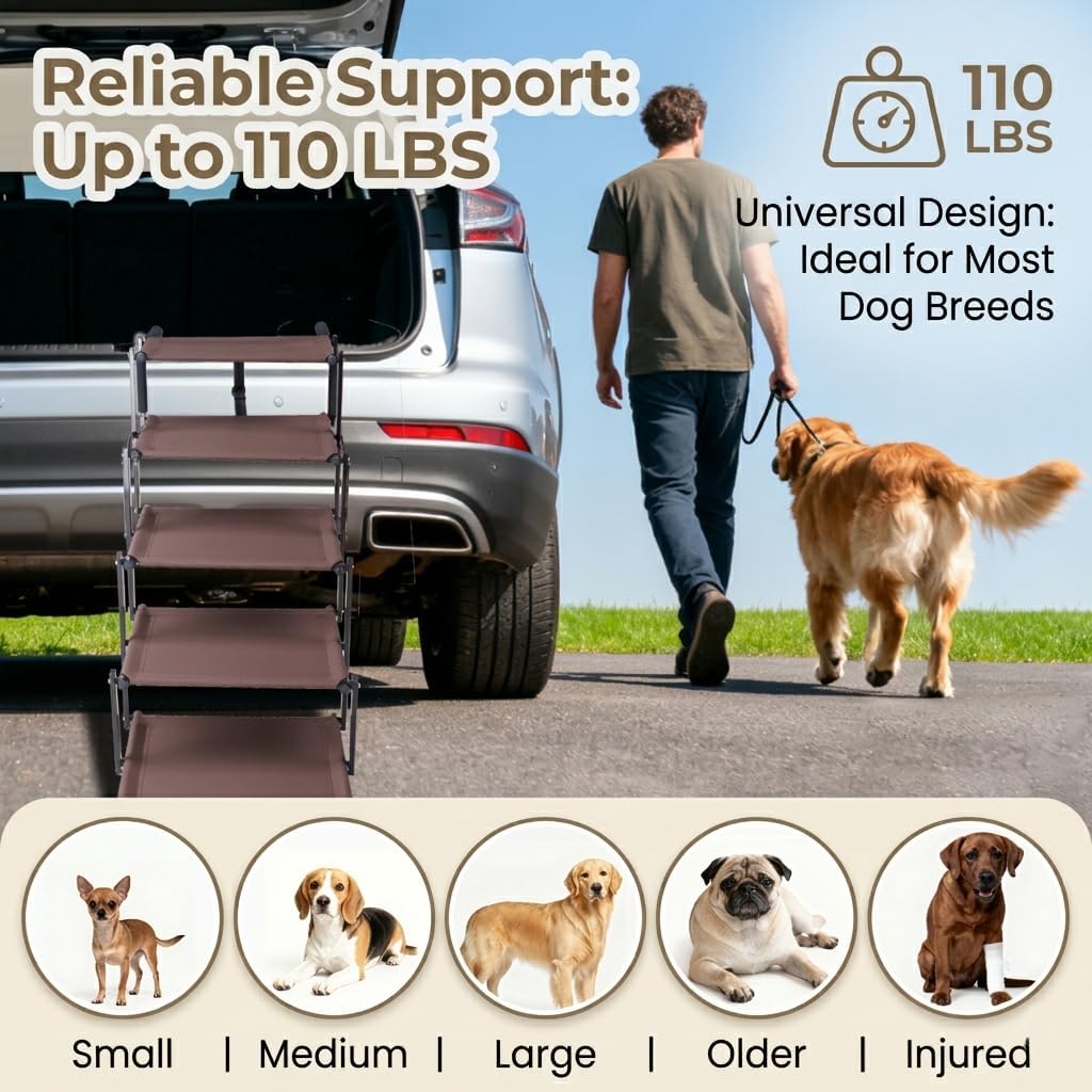 Dog Stairs for Car, 5 Steps Extra Wide Dog Ramps for Large Dogs, Foldable Lightweight Pet Steps for High SUV Truck Bed Couch