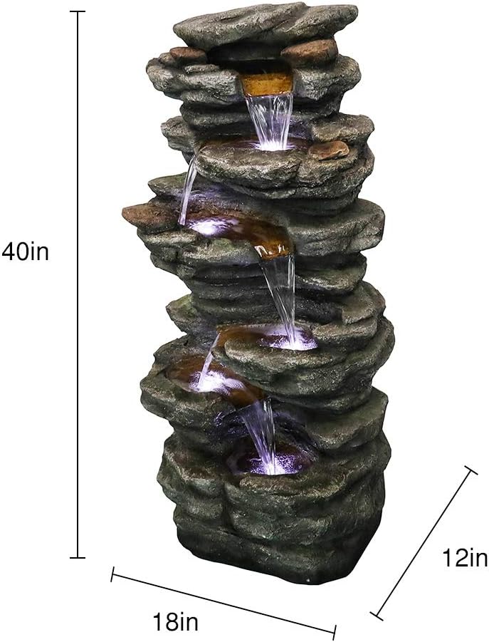 PeterIvan Outdoor Relaxing Waterfall - 6-Tier Fountain with 6 LED Lights, Stone-Liking Resin for Patio, Garden, House&Office (40.6in, Grey)