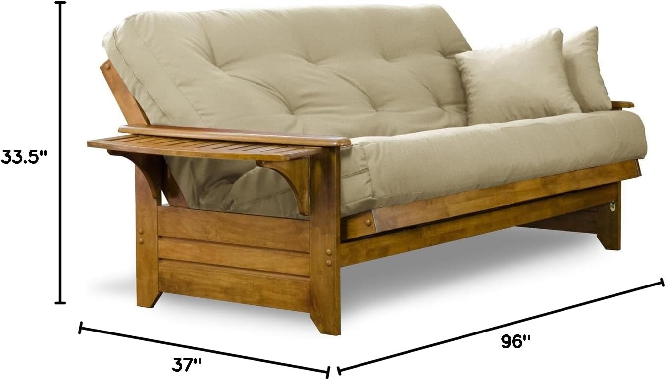 Brentwood Tray Arm Futon Frame, Drawers, and Khaki Mattress Set - Queen, Rich Heritage Finish