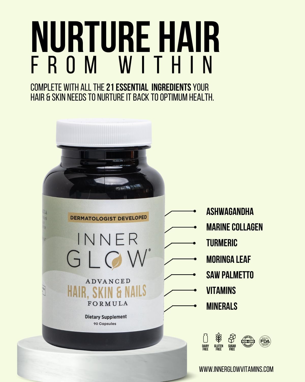 Inner Glow Advanced Hair, Skin & Nails Vitamins – Doctor-Developed Hair Supplement with Biotin, Collagen Peptides
