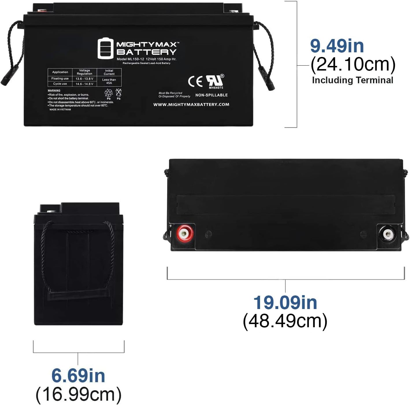 ML100-12 - 12 Volt 100 AH, Internal Thread (INT) Terminal, Rechargeable SLA AGM Battery, 1 Count (Pack of 1)