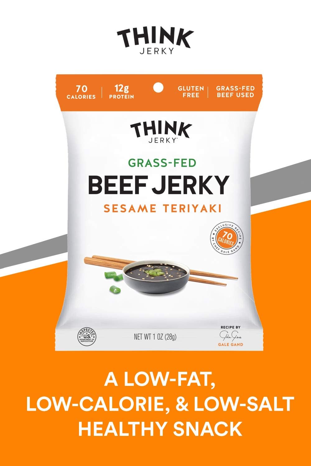 Think Jerky Sesame Teriyaki Beef Jerky, Grass-Fed High Protein Beef Jerky, Gluten Free, No Antibiotics or Nitrates, Healthy Chef Crafted Recipe, Low Calorie and Low Fat - 2.2 oz Bags, 4 Pack