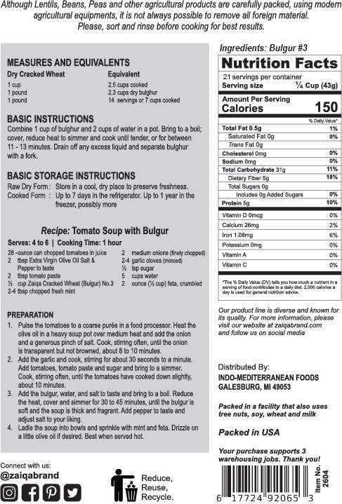Zaiqa Bulgur Wheat #3 Coarse Grain - 2LB | 100% Whole Durum, Non-GMO & Vegan | Quick-Cooking Ancient Grain for Pilaf, Hearty Sides, Stuffing & Soups