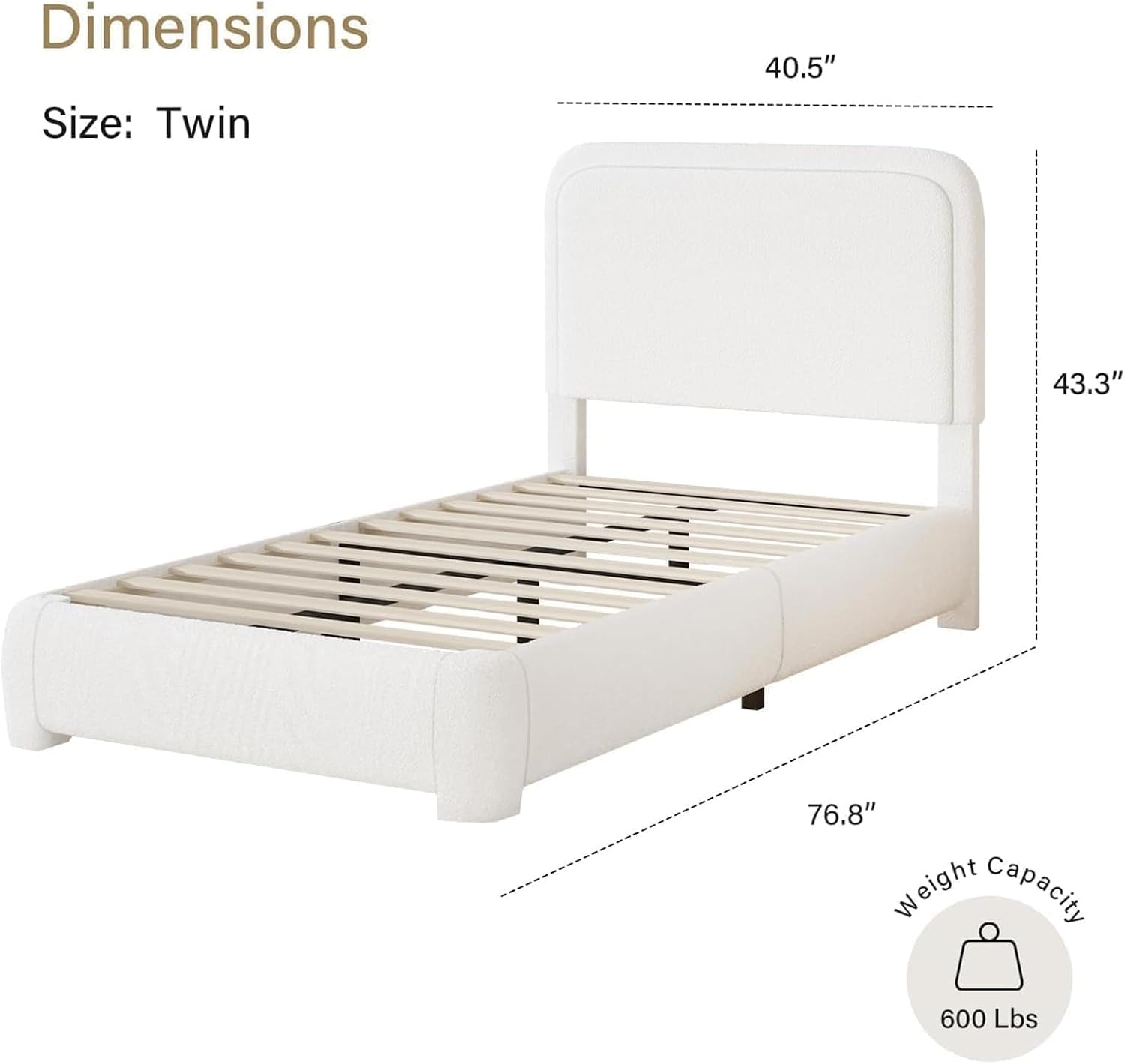 BarnFurin Full Bed Frame, Cloud Boucle Headboard, Rounded Corners, White | Soft boucle and rounded edges create a low-profile cloud look. Wooden slats support the mattress without a box spring