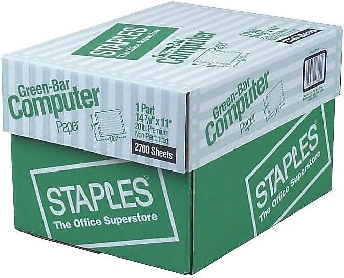 Staples Green Bar Computer Paper, 14 7/8" x 11", 20lb, 2,700/Box, For Office, School & Home