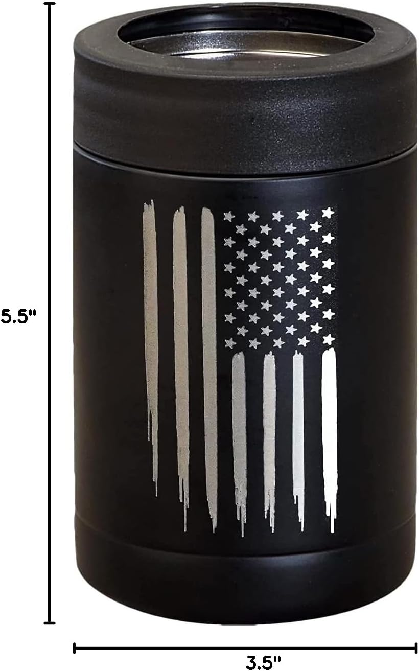 American Flag Insulated Can Cooler - Stainless Steel Bottle Cooler - Engraved USA Flag - American Flag Gifts | Flag 12oz Can Cooler