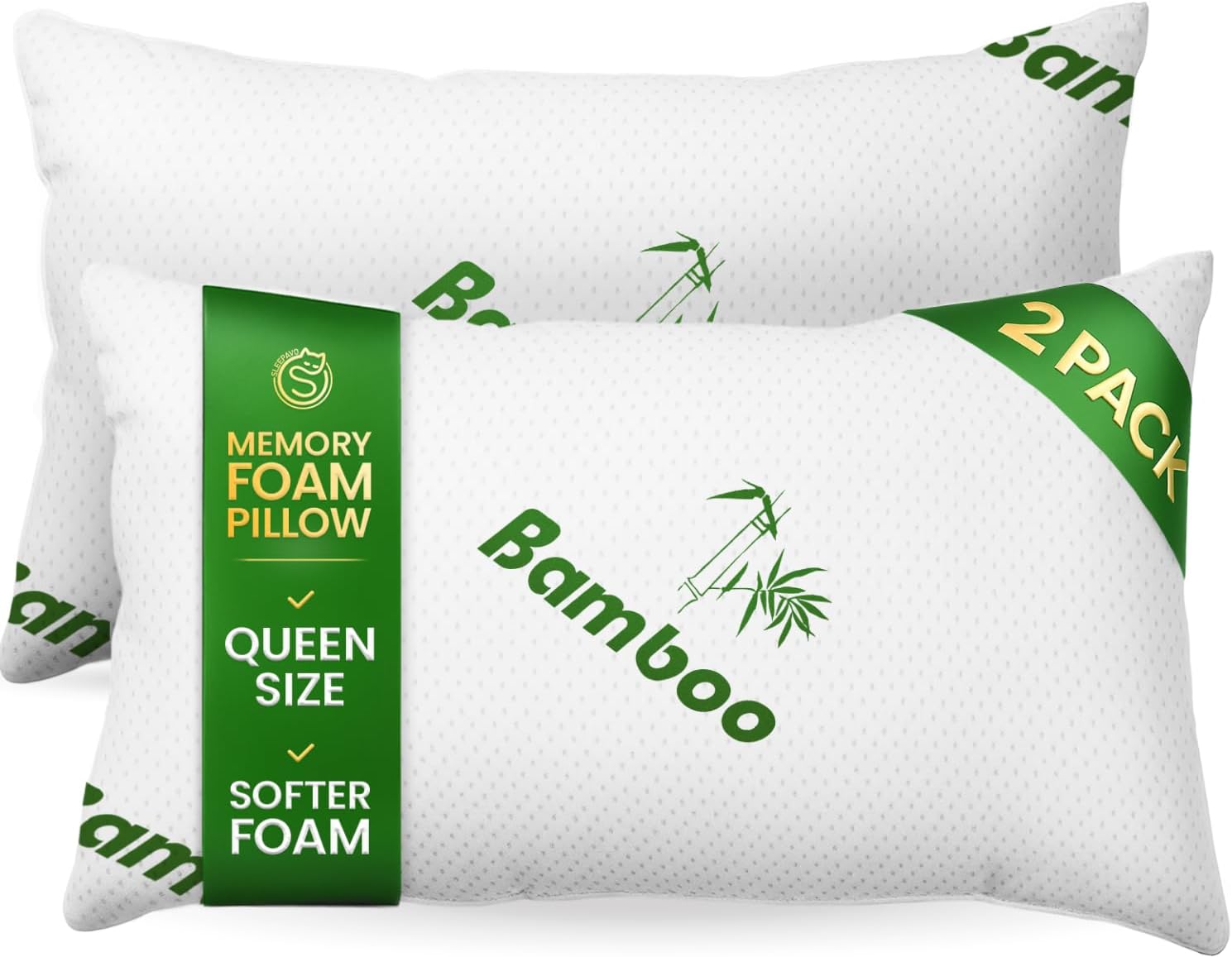 Memory Foam Pillows Queen Size Set of 2 - Cooling Bed Pillows for Sleeping - Back, Stomach, Side Sleeper Firm, Comfy Cool Shredded - 2 Pack, Rayon Derived from Bamboo