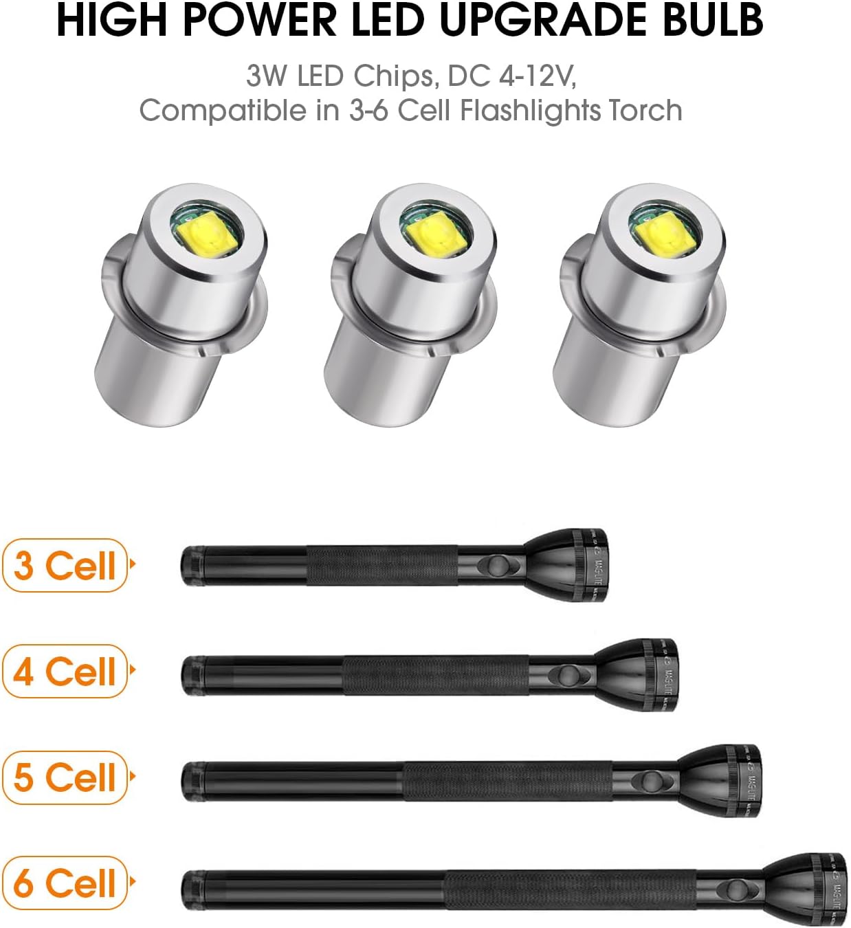 Honoson 3 Pcs 6-24V LED Flashlight Bulbs 3w Dc Replacement