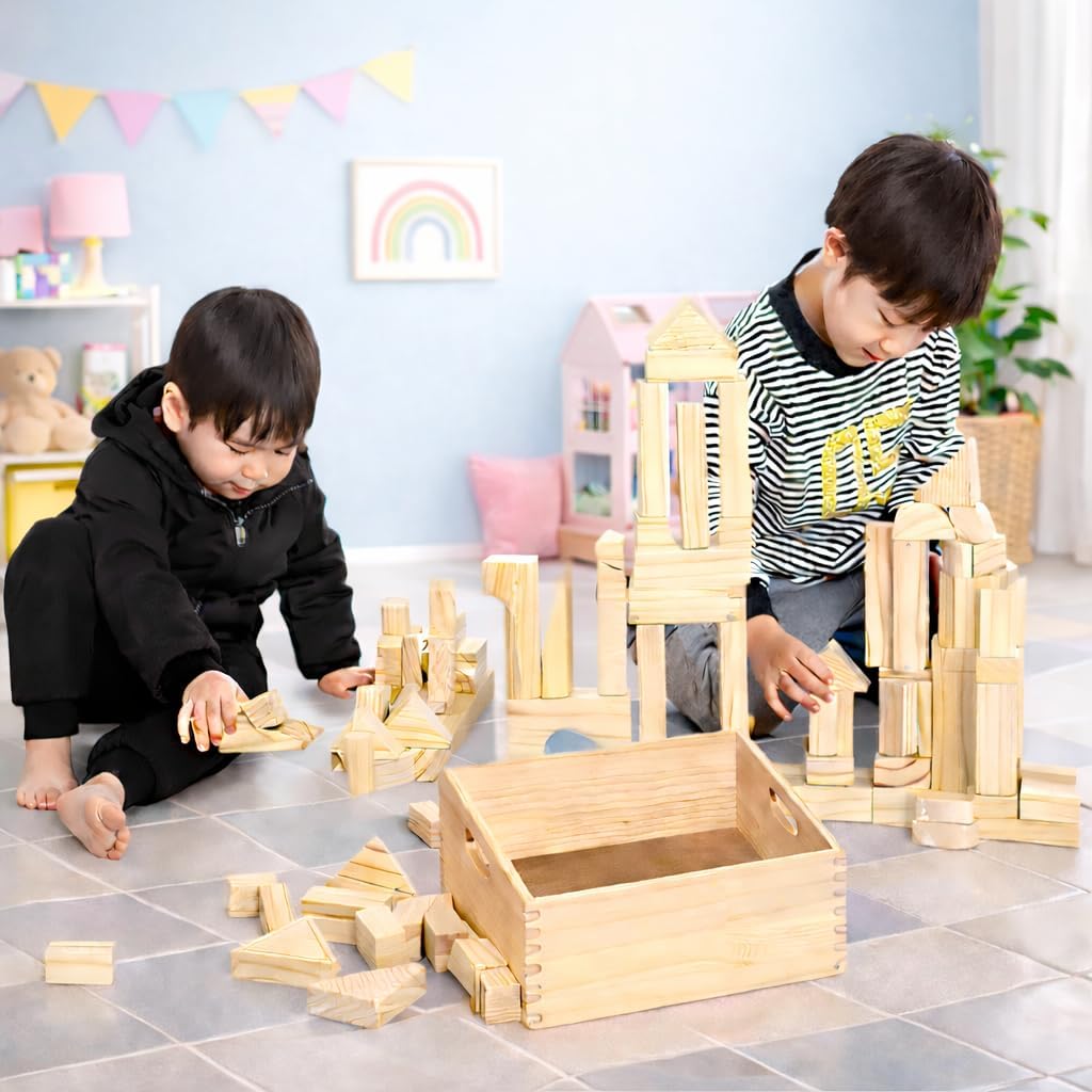 Standard Unit Building Blocks for Toddlers with Storage Tray (64 Pcs) Sanded Wood Blocks for Children, Original STEAM, and STEM Learning