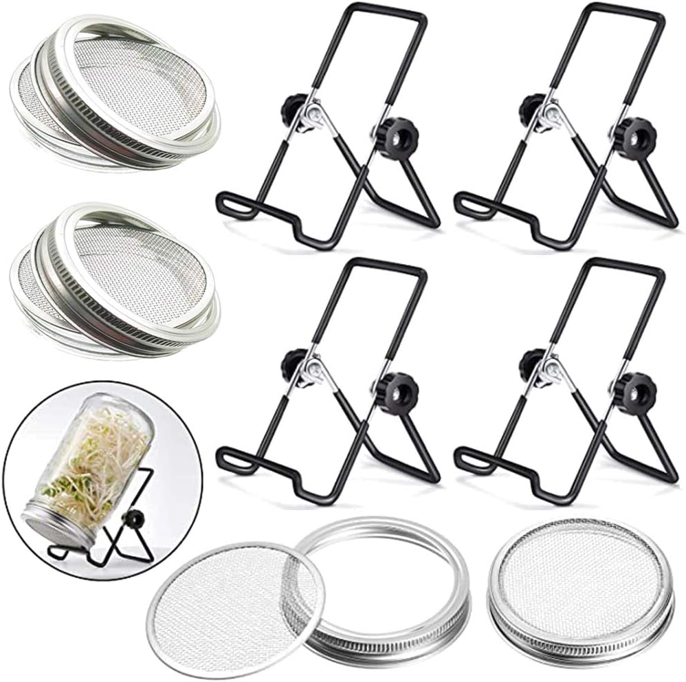Sprouting Jar Lid (32oz Glass Jars) with 4 Pack Stainless Steel Sprouting Stands for Wide and Wide Mouth Mason Jar for Growing Organic Sprouts