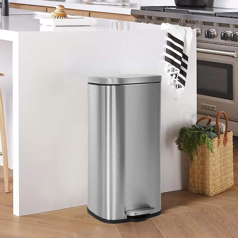 FDW | 13 Gallon Trash Can with Lid | Steel | Fingerprint-Proof | Made of Brushed Stainless Steel | Soft-Close Step Pedal | Hands-Free Use | Easy to Clean | for Kitchen, Office, Bathroom