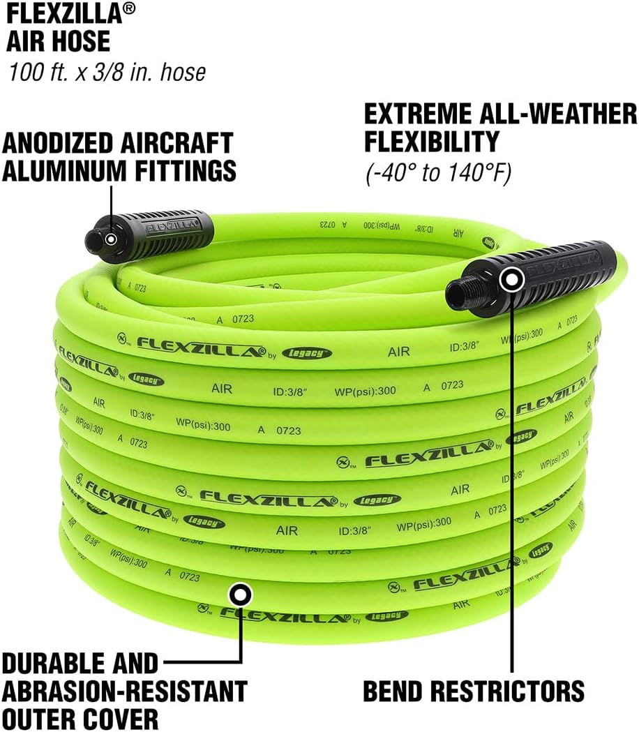 Flexzilla Air Compressor Hose, 3/8 in. x 50 ft., 1/4 in. MNPT Fittings, No-Kink, All Weather, Lightweight, Premium Hybrid Polymer, 300 PSI, ZillaGreen