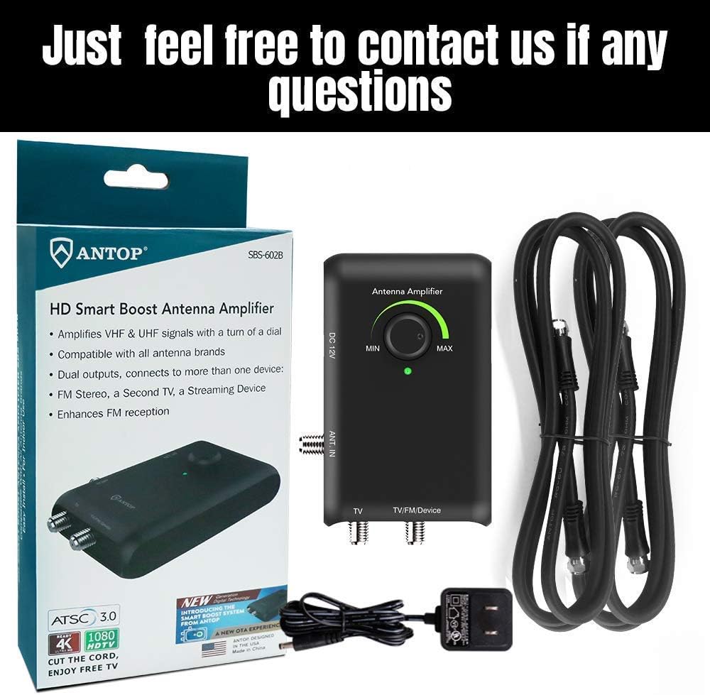 Antop HD Smart Boost Antenna Amplifier, TV Antenna Amplifier Signal Booster, HDTV Booster with Dual Outputs for 2 TVs, HD Digital VHF UHF FM Amplifier