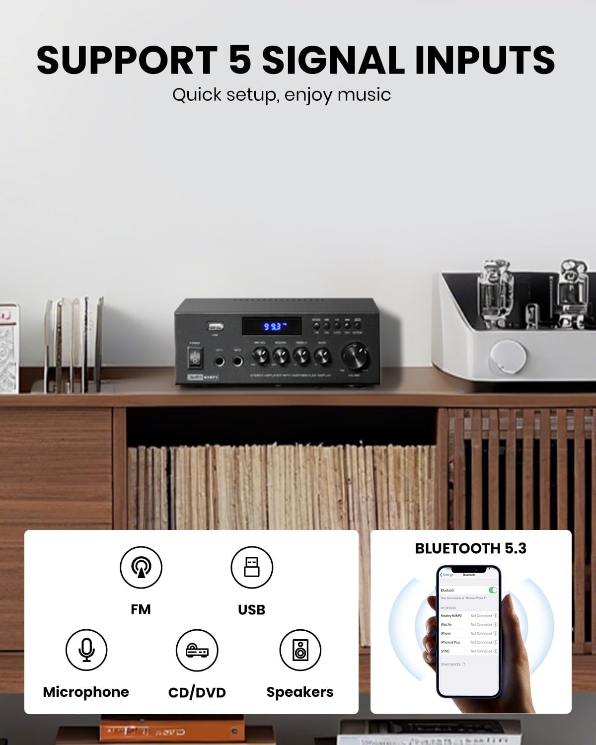 Moukey Stereo Receivers with Bluetooth 5.0, 2.0 Channel Power Audio Amplifier Stereo System w/USB, SD, AUX, RCA, MIC in w/Echo, LED for Karaoke