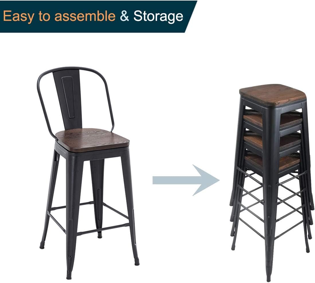 Alunaune 24" Swivel Metal Bar Stools Set of 4 High Back Counter Height Barstools Industrial Dining Bar Chairs with Large Wooden Seat-Matte Black