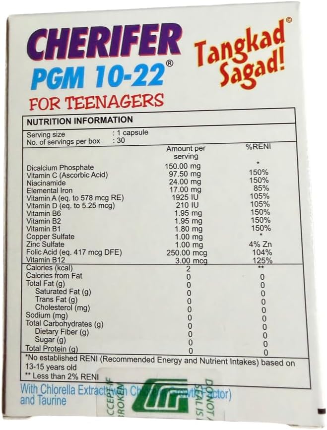 Cherifer PGM 10-22 Capsules with Zinc for Teenagers with Chlorella Growth Factor,and Taurine 30 Capsules