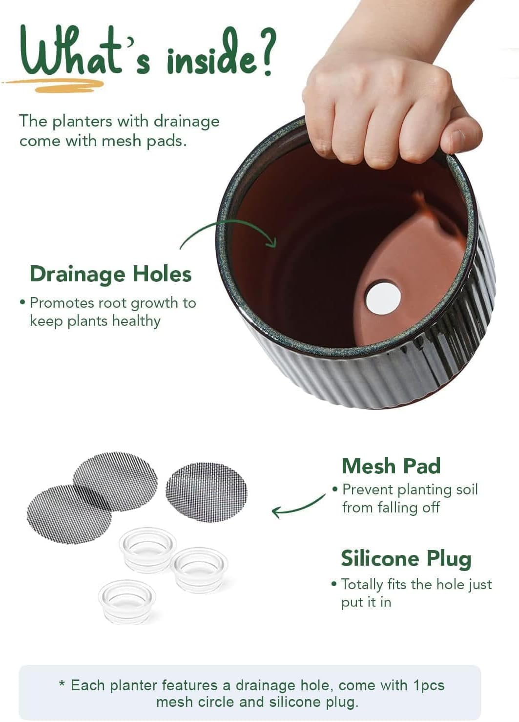 LE TAUCI Ceramic Plant Pots with Drainage Holes, Set of 3, 8+6.7+5.5 Inch Stripe Garden Planter Pots for Outdoor Indoor Plants Flower