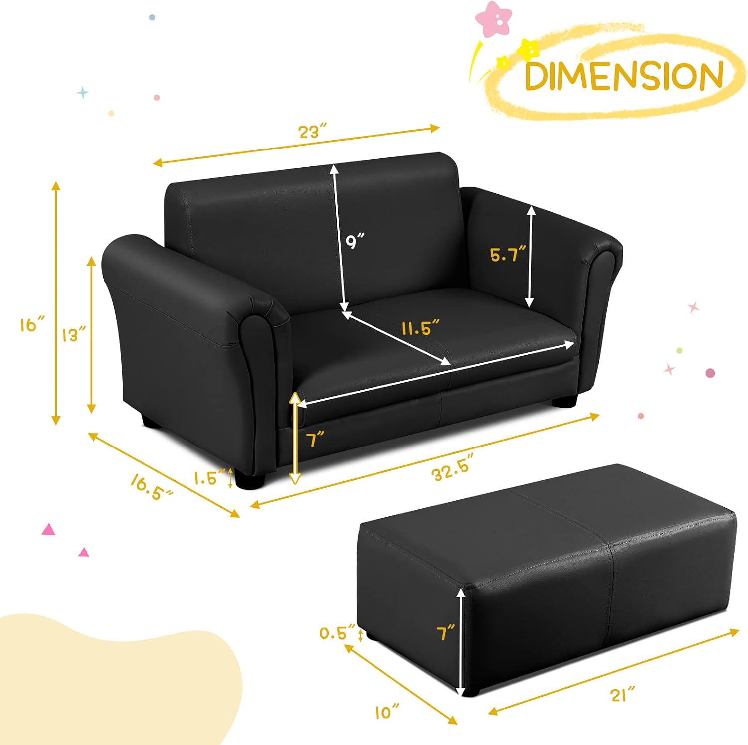 HONEY JOY Kids Sofa, 2 Seat Toddler Couch Lounge Bed with Ottoman, Sturdy Wood Construction