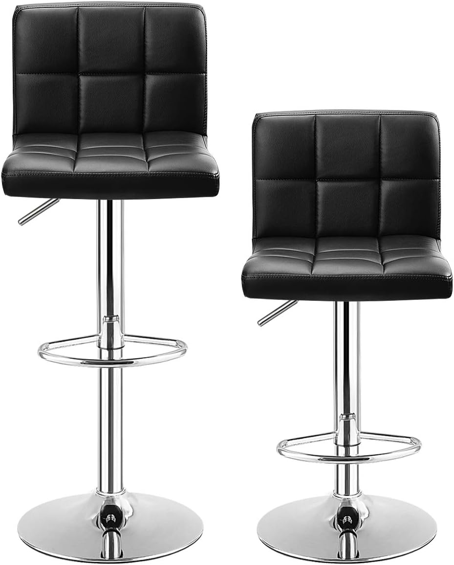 COSTWAY Bar Stool, Modern Swivel Adjustable Height PU Leather Barstools with Back, Square Armless Counter Height Bar Chair for Kitchen Island Dining Living Bistro Pub Counter, Black