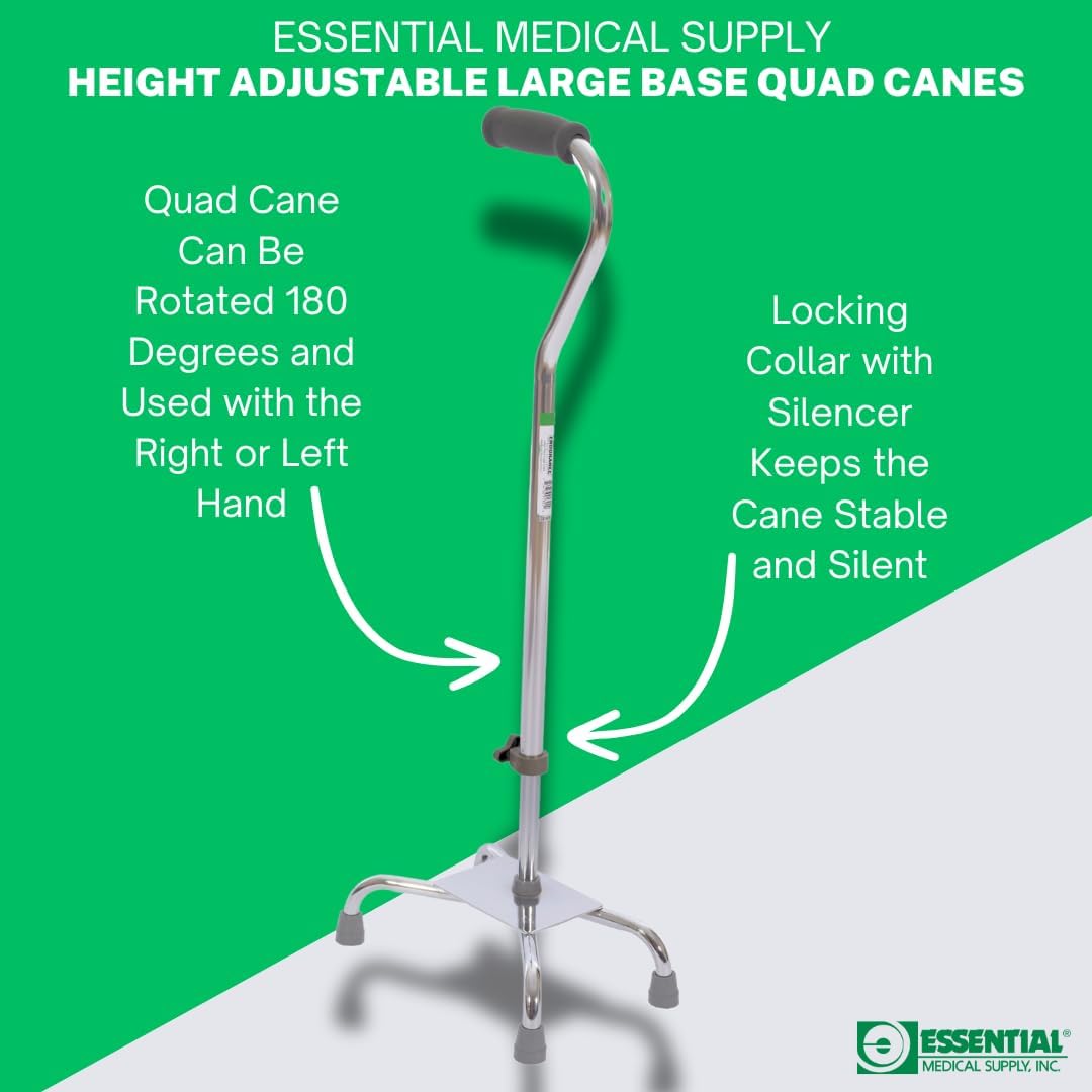 Essential Medical Supply Large Base Quad Cane in Silver - Height Adjustable Walking Cane