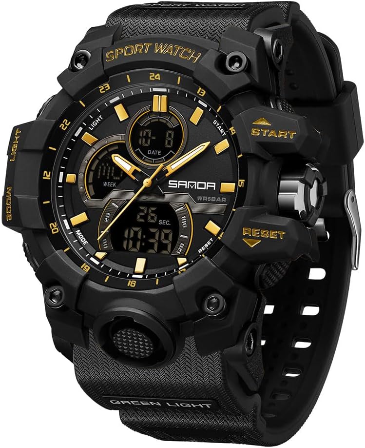 FANMIS Men Sports Outdoor Watch Analog Digital Multifunctional Black Watch | Black Sports Watch Casual Quartz Wristwatch Waterproof Military Wrist Watch Tactics LED Alarm Stopwatch Digital Watch for Men