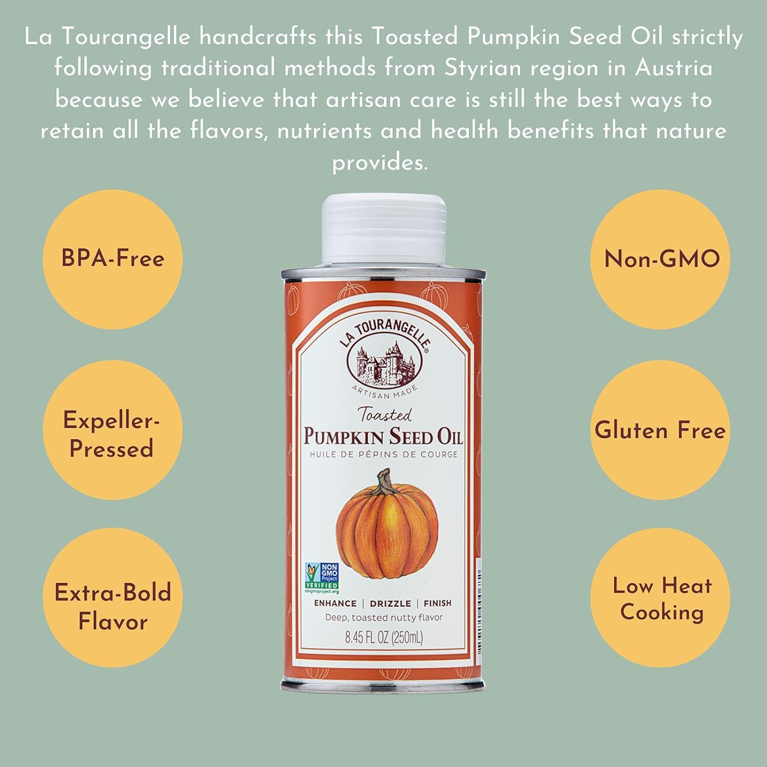 La Tourangelle Toasted Pumpkin Seed Oil, for Cooking, Dressings, 8.45 fl oz | Made Using Traditional Styrian Techniques, Great for Pastas and Spreads, Health and Beauty Oil, Gluten Free, Non-GMO